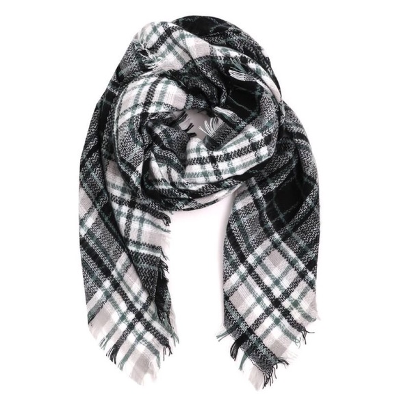 Black Grey and Green Ultra Plush Plaid Blanket Scarf - Picture 5 of 6